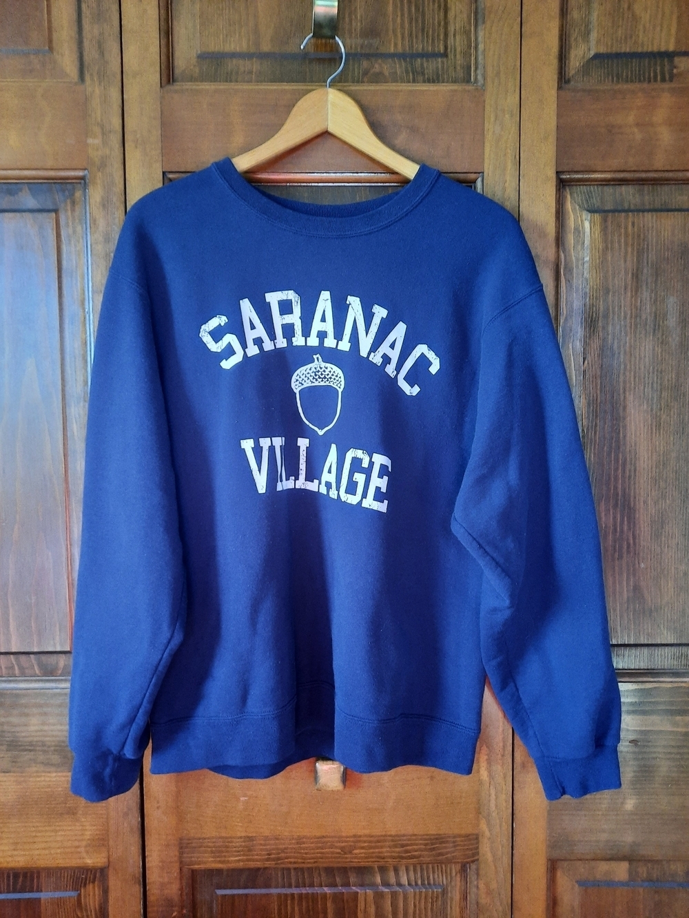 Jerzees Saranac Village Navy Blue Graphic Crewneck Sweatshirt Unisex Size Medium
